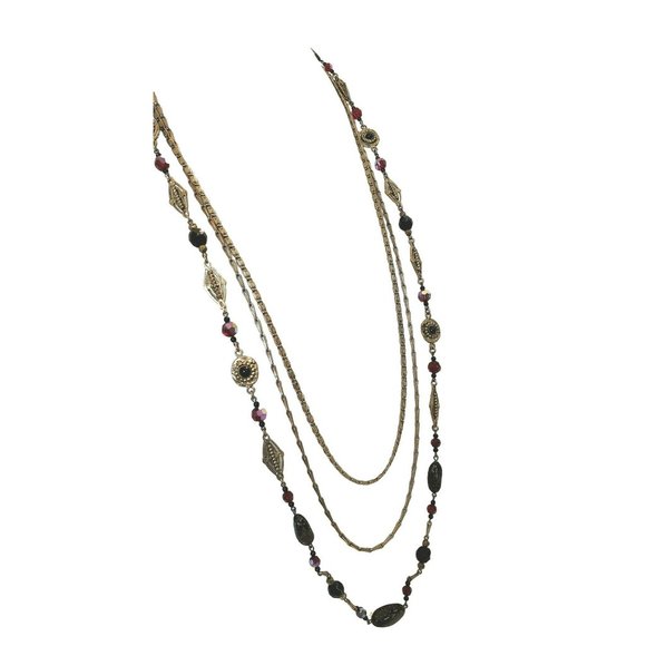 Vintage Miriam Haskell Possible Garnet Triple Layer Gold Tone Necklace, Signed - Picture 8 of 16